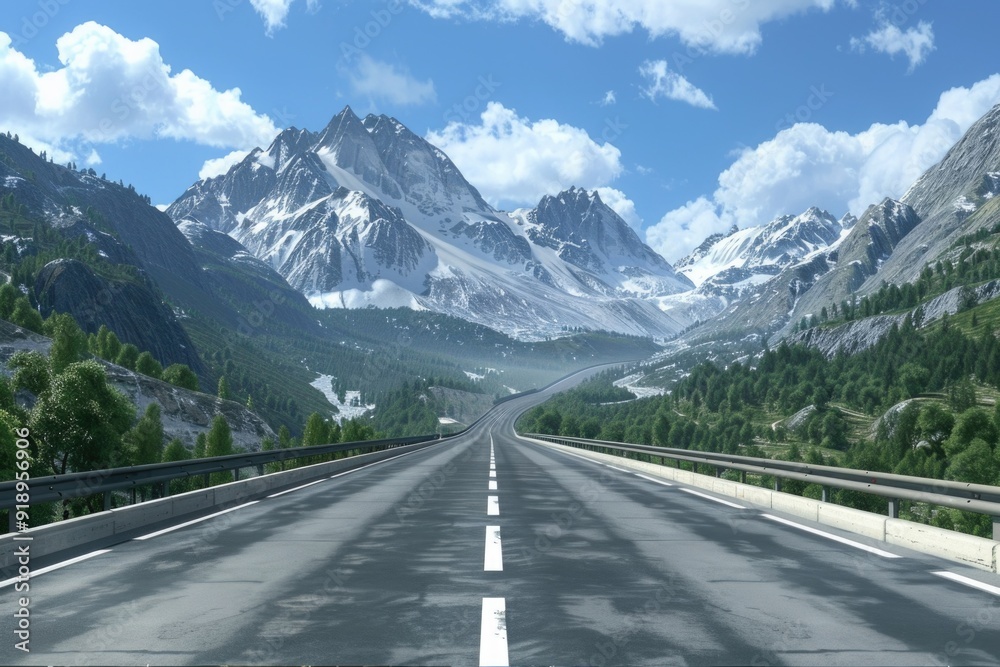 A deserted highway stretches into the distance, surrounded by majestic mountains A deserted highway stretches into the distance, surrounded by majestic mountains