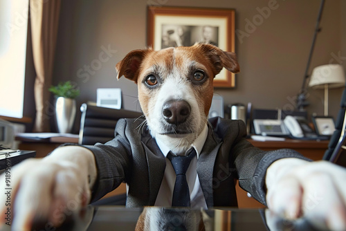 A Jack Russell dog in a jacket takes a selfie in the office. Generated by artificial intelligence