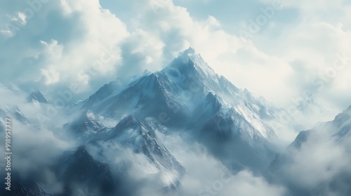 Snowy mountain peaks pierce through a dramatic sky, cloaked in a blanket of swirling clouds