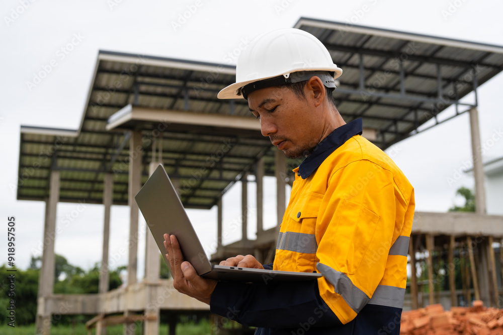 Fototapeta premium A male architect wearing a hard hat and safety vest checks his laptop while holding a clipboard with house plan papers. He reviews blueprints, construction documents,house structure details on-site.