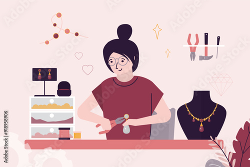 Woman worker makes jewelry by hand from precious metals, brilliants and diamonds. Jeweler at work. Female designer design and produces expensive accessories and jewelry.