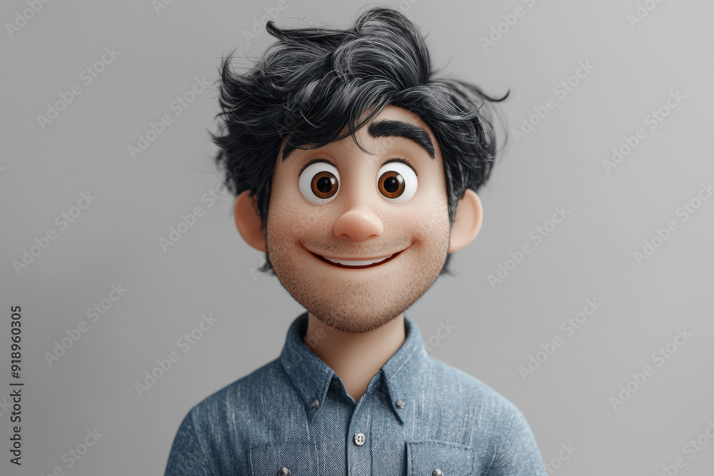 Smiling friendly cartoon character adult man male person portrait wearing blue shirt in 3d style design on light background. Human people feelings expression concept Smiling friendly cartoon character adult man male person portrait wearing blue shirt in 3d style design on light background. Human people feelings expression concept