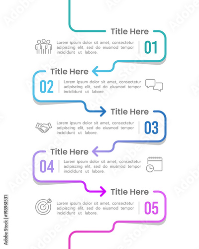 Vertical infographic line with arrow design template. 5 Process business to success. Business presentation, Brochure, Banner, Poster, and Marketing. Vector illustration.