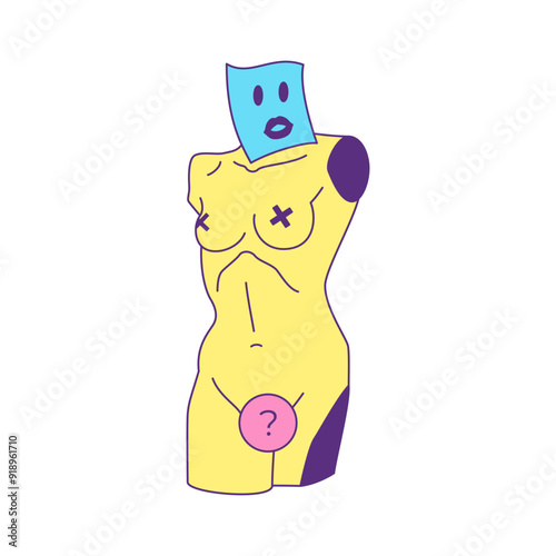 Y2k psychedelic antique Greek sculpture with censored element contemporary pop art icon vector flat illustration. Ancient Roman female goddess body gypsum monument t shirt print