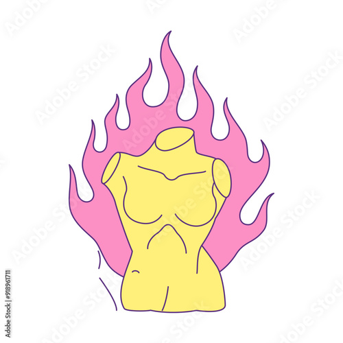 Y2k Greek woman body sculpture vibrant flame fire contemporary pop art icon vector flat illustration. Antique Roman historical female goddess gypsum monument vibrant color t shirt print