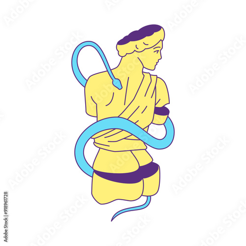 Y2k antique Greek sculpture section with snake contemporary pop art icon vector flat illustration. Ancient historical monument god goddess gypsum statue medical psychedelic decorative element