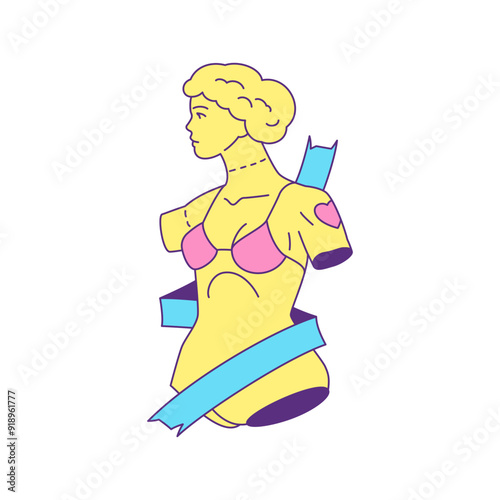 Y2k psychedelic Greek woman sculpture with tape contemporary pop art icon vector flat illustration. Antique Roman female goddess body gypsum monument in bra lingerie trendy t shirt print