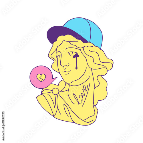 Y2k Greek goddess bust in cap crying lost love contemporary pop art icon vector flat illustration. Antique Roman mythology woman gypsum monument fashion psychedelic trendy t shirt print