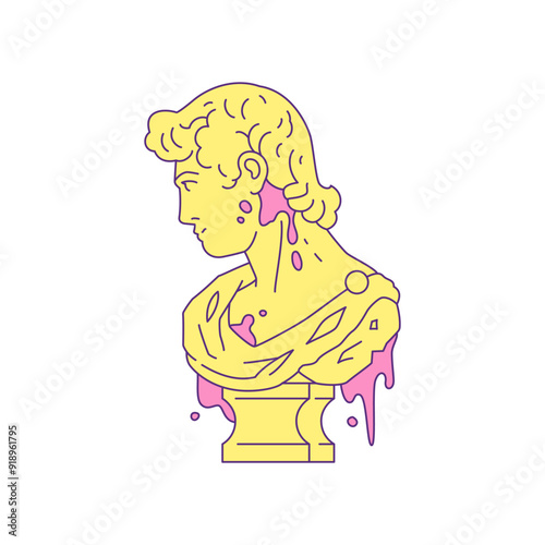 Y2k ancient Greek god bust statue in vibrant paint spot contemporary pop art icon vector flat illustration. Antique Roman mythology man gypsum monument splatted vandalism trendy t shirt print