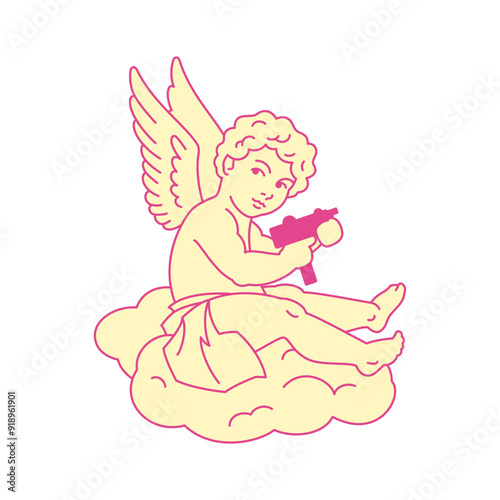 Y2k Cupid baby boy angel with gun Valentine comic pop art icon vector flat illustration. Psychedelic heaven winged cartoon character love shooting with handgun sitting on cloud t shirt print