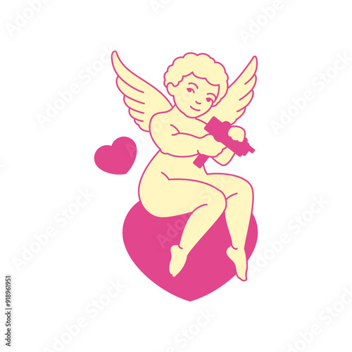 Y2k psychedelic Cupid with gun sitting on heart trendy groovy icon vector flat illustration. Cute baby boy winged angel with handgun weapon Valentines romantic love amour pop art pink t shirt print