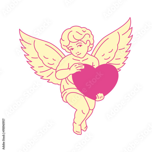 Y2k pink romantic baby boy angel with heart contemporary pop art icon vector flat illustration. Cupid cute heaven winged cartoon character love amour Valentine's retro groovy t shirt print