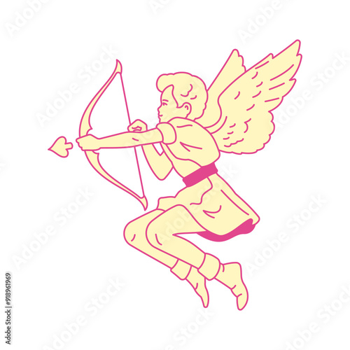 Y2k boy Cupid shooting bow arrow Valentines pop art groovy icon vector flat illustration. Pink glamour winged angel aiming amour love romantic relationship trendy psychedelic retro t shirt print