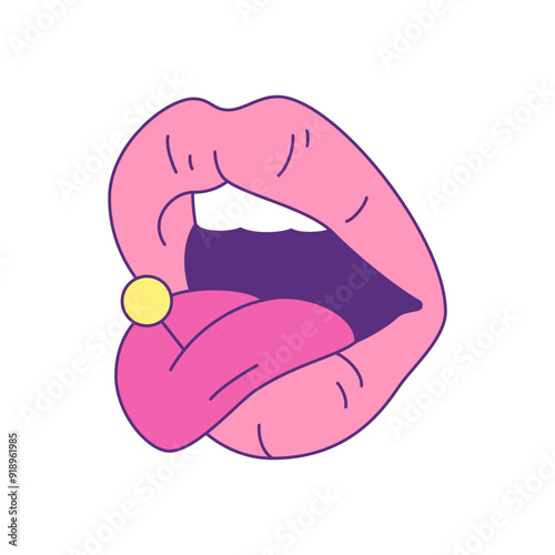 Y2k comic female pink lips with pin needle contemporary pop art icon vector flat illustration. Seductive woman month with spine point psychedelic vivid color retro groovy t shirt print