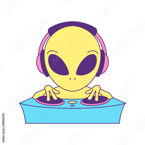 Y2k futuristic alien DJ playing vinyl music at party contemporary pop art icon vector flat illustration. Science fiction UFO humanoid disk jockey deejay musical disco festival trendy t shirt print