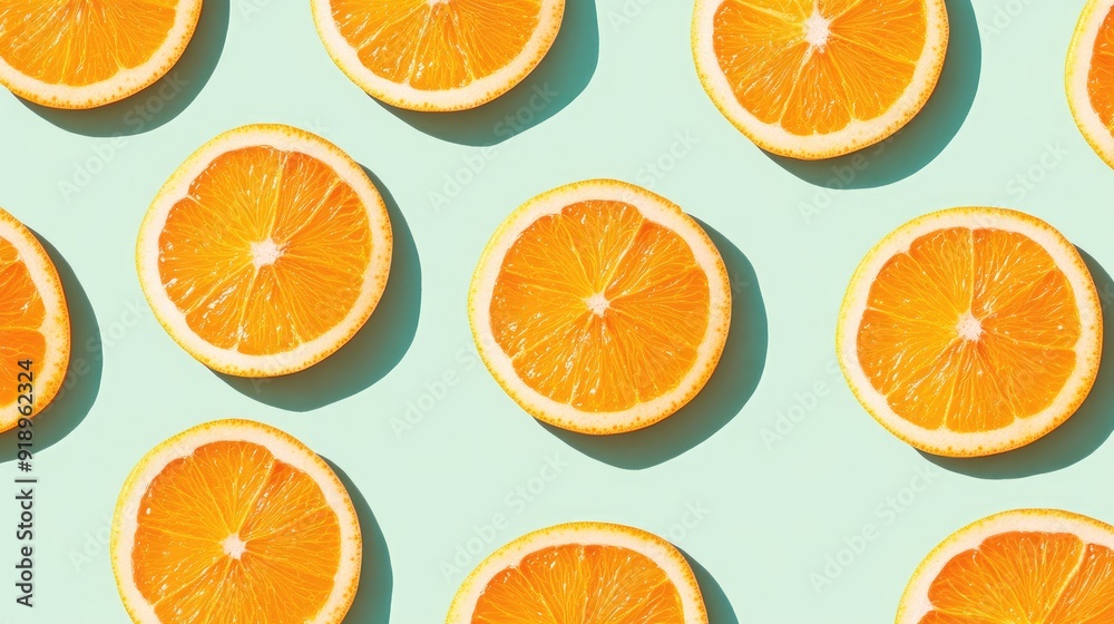 A citrusy pattern of orange slices on a pastel green background, perfect for summer vibes. A citrusy pattern of orange slices on a pastel green background, perfect for summer vibes.