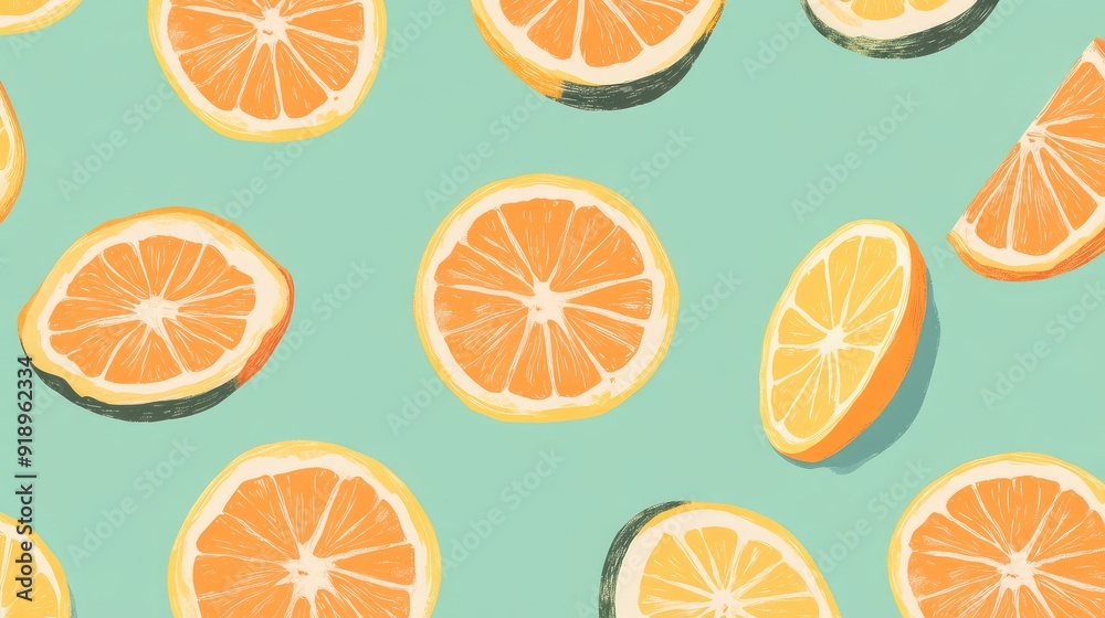A citrusy pattern of orange slices on a pastel green background, perfect for summer vibes. A citrusy pattern of orange slices on a pastel green background, perfect for summer vibes.