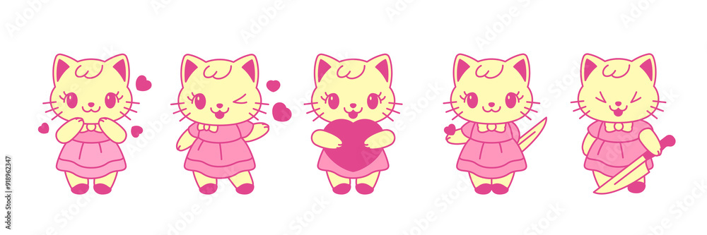 Y2k Kawaii pink girls cats feminine contemporary pop art vector illustrations set. Glamour girlish little kitty elements for stickers, prints and t-shirt designs
