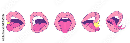 Y2k glamour female lips with tongue contemporary pop art vector illustrations set. Neo gothic open seductive woman mouth glam elements for sticker, print and t-shirt design