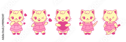 Y2k Kawaii pink girls cats feminine contemporary pop art vector illustrations set. Glamour girlish little kitty elements for stickers, prints and t-shirt designs