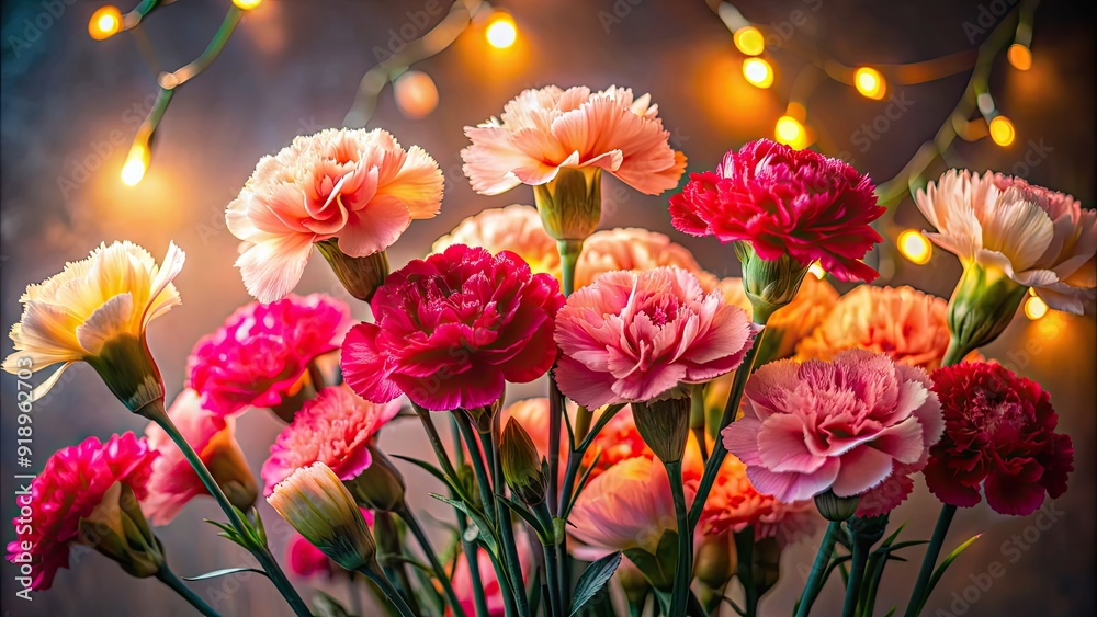 Obraz premium Vibrant carnations illuminated by a soft glow, flowers, petals, vibrant, illuminated, glowing, beauty, stunning