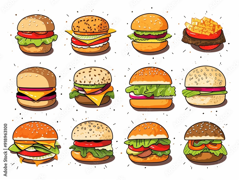 Set of various burger simple illustration. AI generated Set of various burger simple illustration. AI generated