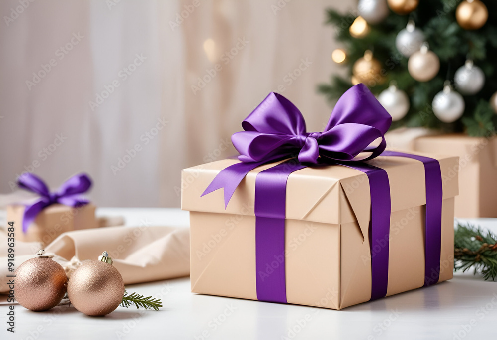 Beige gift box with purple bow, Christmas tree in background Beige gift box with purple bow, Christmas tree in background