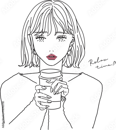 カフェでコーヒーを飲む女の子の線画イラスト