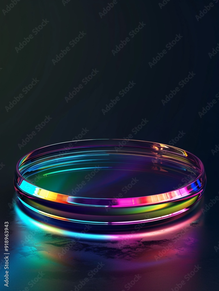 A translucent glass disk with a colorful holographic design on a dark background. A translucent glass disk with a colorful holographic design on a dark background.