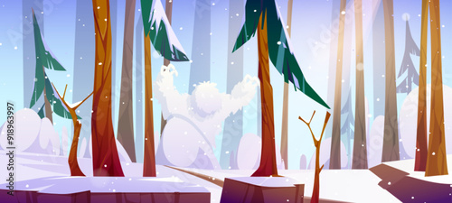 White furry yeti in winter forest with snow on trees and ground on sunny day. Cartoon vector illustration cold season woods landscape with scary hairy bigfoot. Sasquatch monster among firs and bushes.