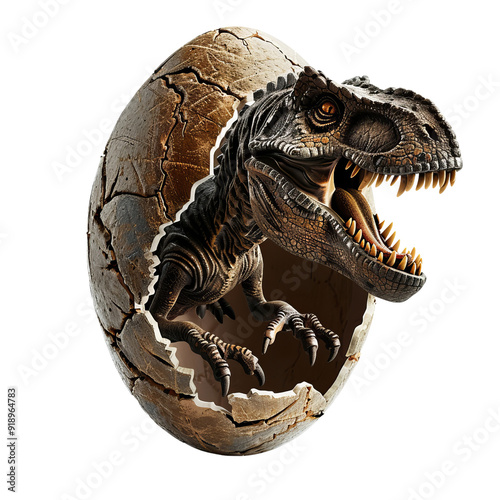 T-Rex Hatchling Emerging from Cracked Dinosaur Egg Isolated Without Background.