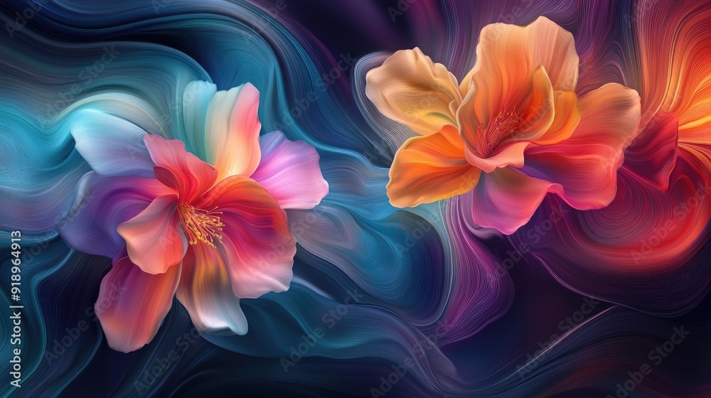Flowing 3D flowers in vivid multicolored waves, blending energy and movement into a lively artistic composition Flowing 3D flowers in vivid multicolored waves, blending energy and movement into a lively artistic composition