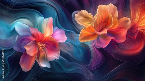 Flowing 3D flowers in vivid multicolored waves, blending energy and movement into a lively artistic composition