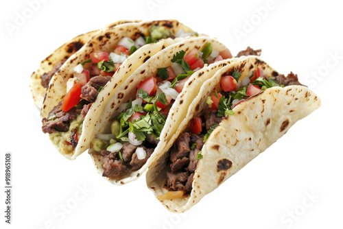 Three beef tacos with fresh toppings on flour tortillas  isolated on transparent background.. Ideal for concepts of Mexican cuisine, food photography, and culinary arts. photo