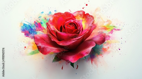 Stunning 3D red rose, perfect for a vibrant magazine cover, with colorful flowers watermark on white background