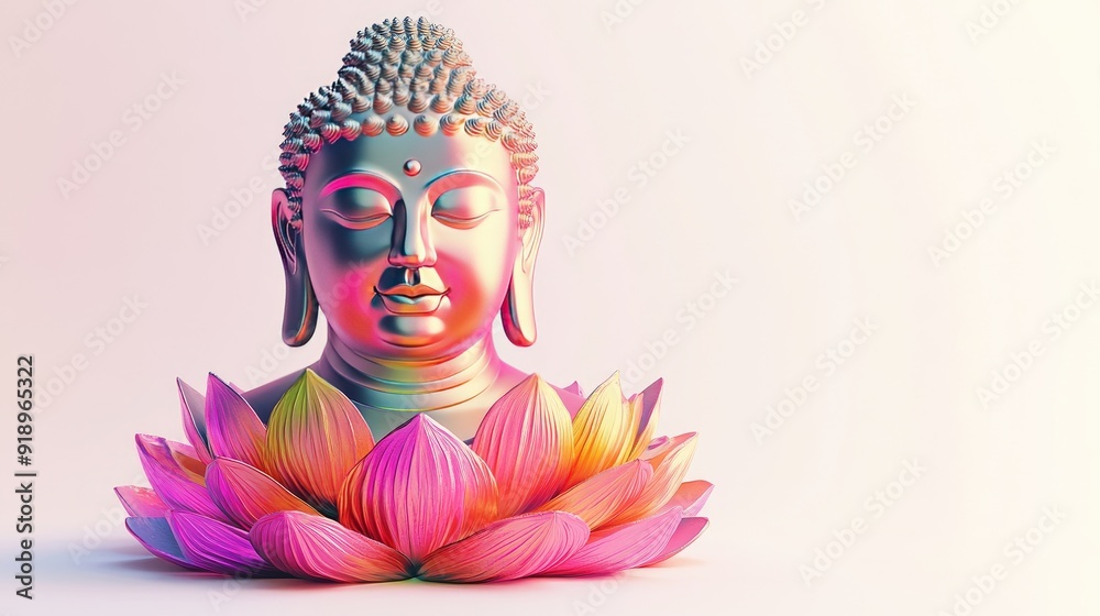 Vibrant 3D Buddha image with a multicolored lotus watermark, designed for a bold magazine cover on white Vibrant 3D Buddha image with a multicolored lotus watermark, designed for a bold magazine cover on white