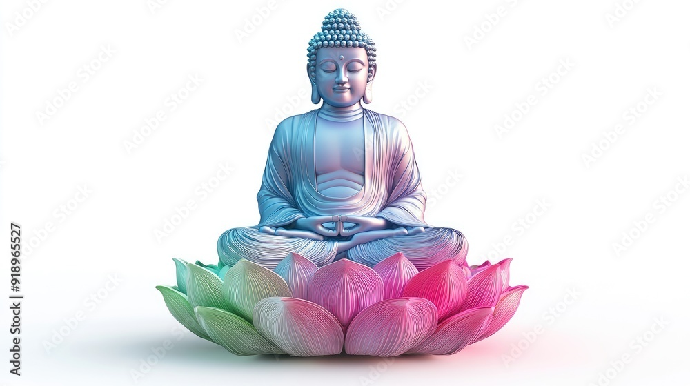 Fototapeta premium Vivid 3D Buddha image with a colorful lotus watermark, isolated on white, perfect for A4 magazine cover design