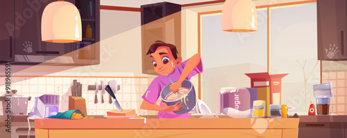 Teen boy cooking in dirty messy home kitchen interior. Cartoon vector illustration of cute funny teenager holding bowl and whisking dough with beater. Male child character making sweet pastry food.