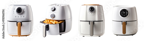 Collection set of White Air Fryer isolated on transparent background