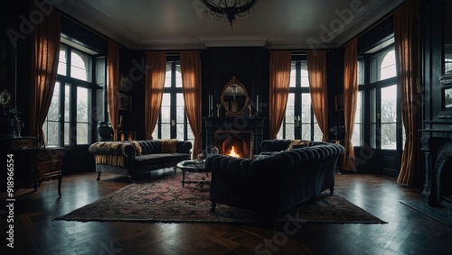 Dark victorian mansion living room with curtain and cozy fireplace with huge windows