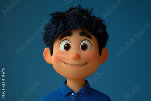 Smiling friendly cartoon character adult man male person portrait wearing blue shirt in 3d style design on light background. Human people feelings expression concept