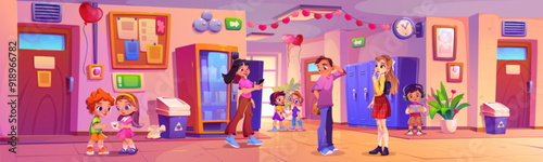 Valentine day holiday in school - education building hall interior decorated with heart flags and balloons, happy smiling children give each other card and invite for walk. Cartoon vector illustration