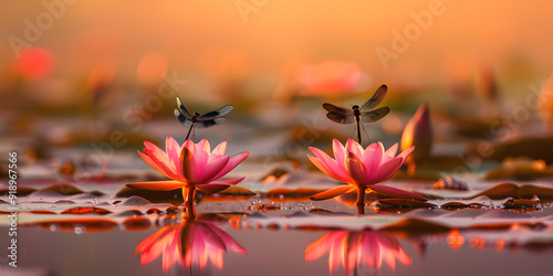 Beautiful pink waterlily or lotus flower in pond 