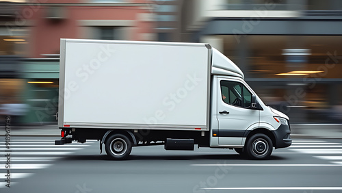 Empty blank white mockup on the small truck vehicle driving through the city street, template for advertisement. Commercial business transport delivery cargo, side view