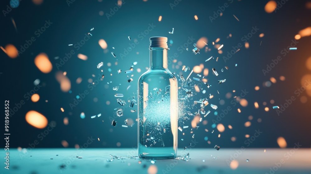 A shattering glass bottle, with shards flying through the air and a burst of light. A shattering glass bottle, with shards flying through the air and a burst of light.