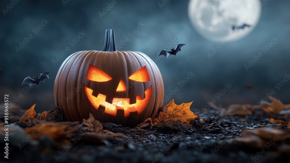 Pumpkin with carved cat face, glowing eyes, against full moon and bats. Pumpkin with carved cat face, glowing eyes, against full moon and bats.