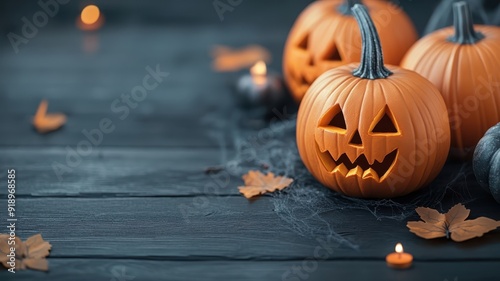 Playful arrangement of carved pumpkins on a dark wooden table with Halloween decorations.