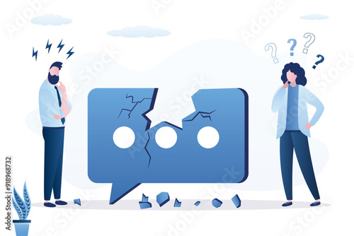 Husband and wife do not speak, conflict, silence. Quarrel problems in communication concept, two business people standing on different edges of broken speech bubble