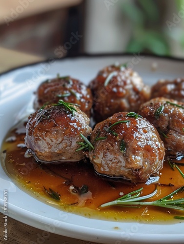 Savory meatballs served on a pristine white dish from a quaint culinary region. photo