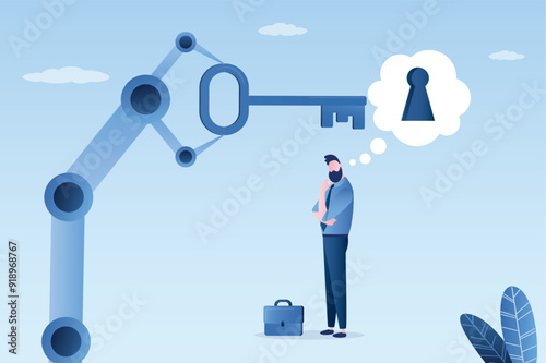 Key to unlock business idea. Businessman thinking about idea with keyhole. Robot arm give success key. Man talking with chat bot.